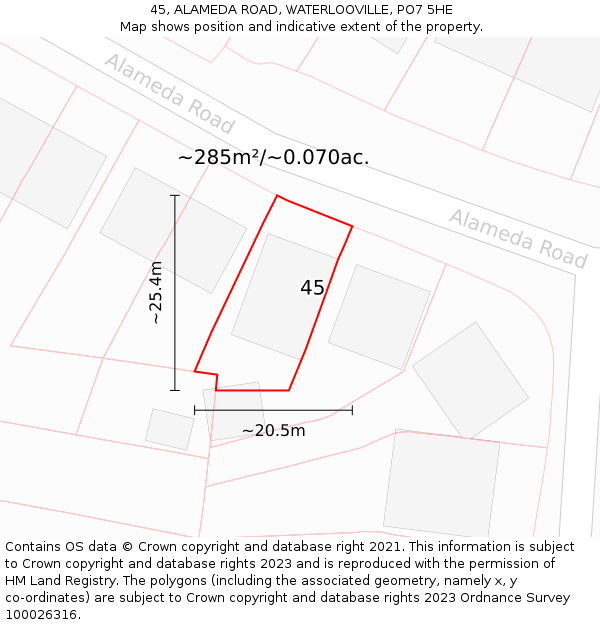 45, ALAMEDA ROAD, WATERLOOVILLE, PO7 5HE: Plot and title map