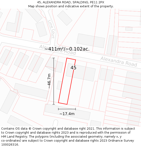 45, ALEXANDRA ROAD, SPALDING, PE11 2PX: Plot and title map