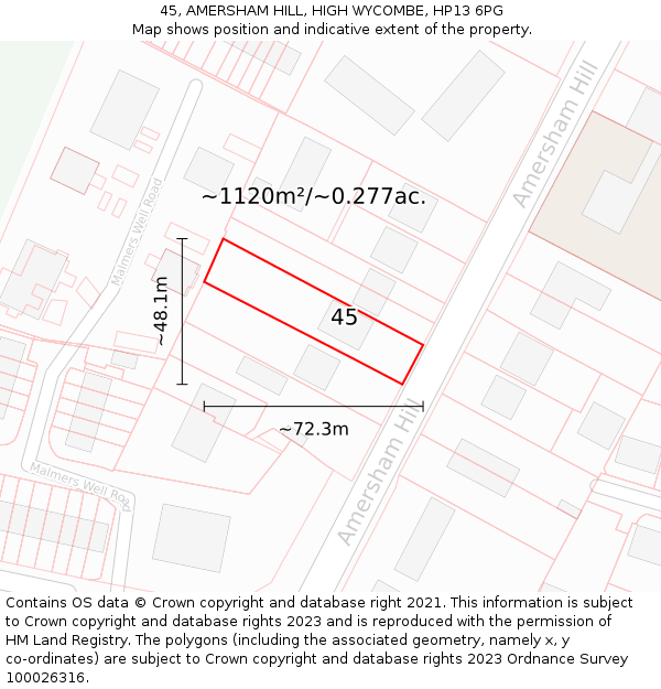 45, AMERSHAM HILL, HIGH WYCOMBE, HP13 6PG: Plot and title map