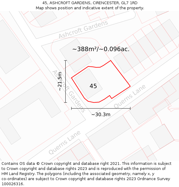 45, ASHCROFT GARDENS, CIRENCESTER, GL7 1RD: Plot and title map