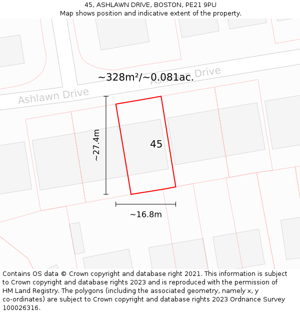 45, ASHLAWN DRIVE, BOSTON, PE21 9PU: Plot and title map