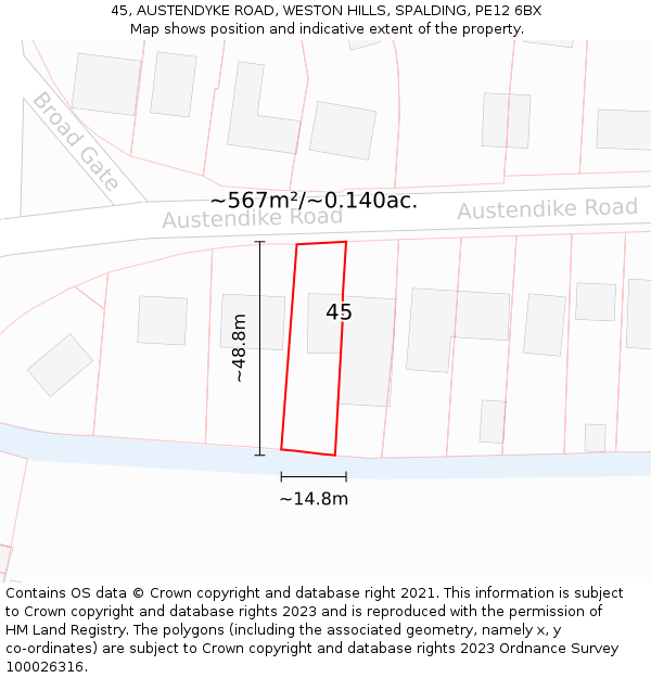 45, AUSTENDYKE ROAD, WESTON HILLS, SPALDING, PE12 6BX: Plot and title map