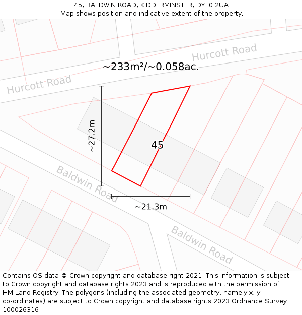 45, BALDWIN ROAD, KIDDERMINSTER, DY10 2UA: Plot and title map