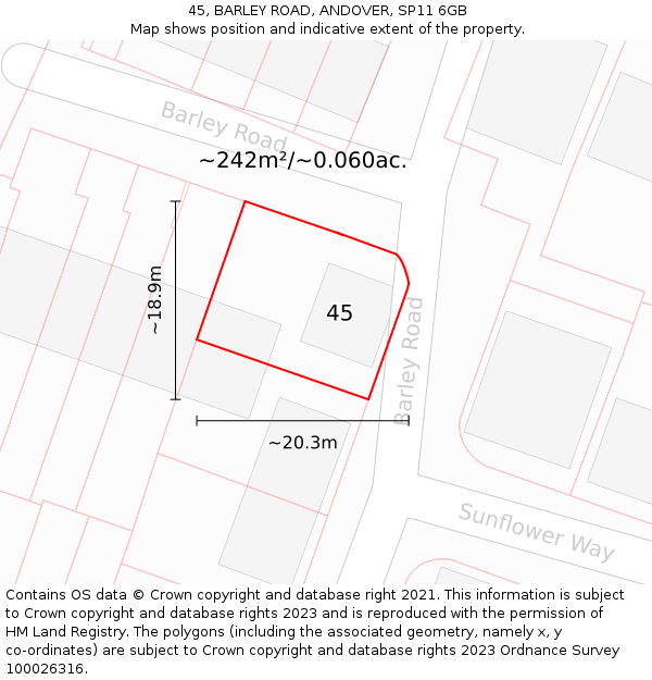 45, BARLEY ROAD, ANDOVER, SP11 6GB: Plot and title map