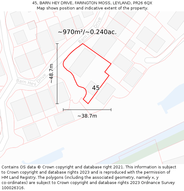 45, BARN HEY DRIVE, FARINGTON MOSS, LEYLAND, PR26 6QX: Plot and title map
