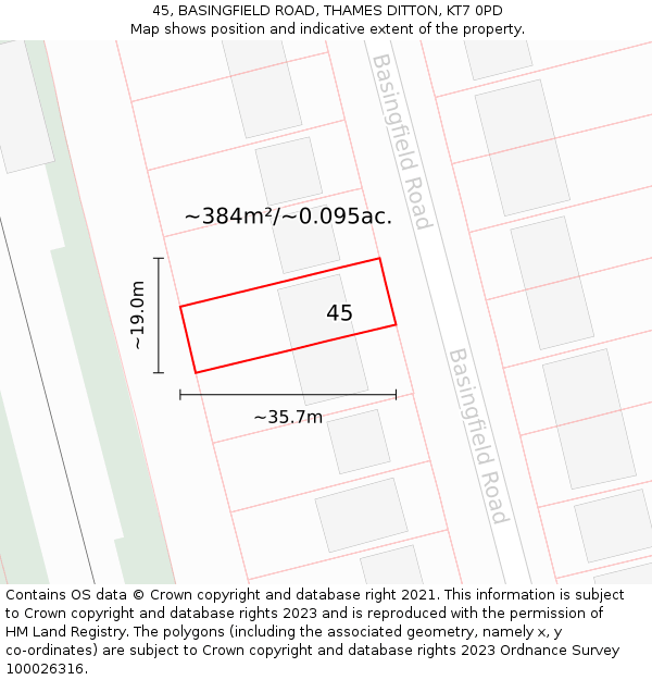 45, BASINGFIELD ROAD, THAMES DITTON, KT7 0PD: Plot and title map