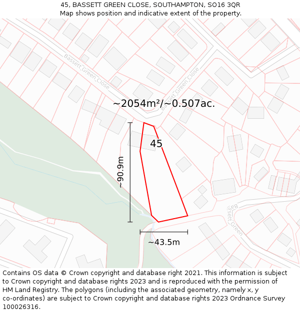 45, BASSETT GREEN CLOSE, SOUTHAMPTON, SO16 3QR: Plot and title map