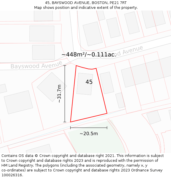 45, BAYSWOOD AVENUE, BOSTON, PE21 7RT: Plot and title map