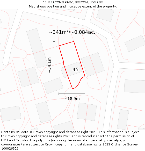 45, BEACONS PARK, BRECON, LD3 9BR: Plot and title map