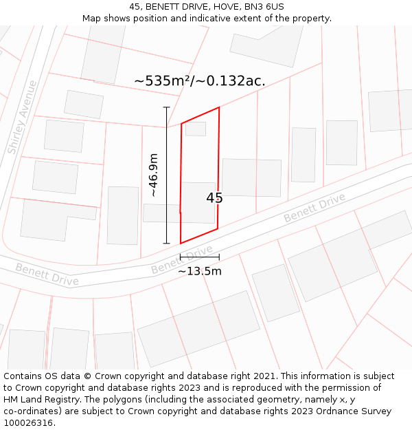 45, BENETT DRIVE, HOVE, BN3 6US: Plot and title map