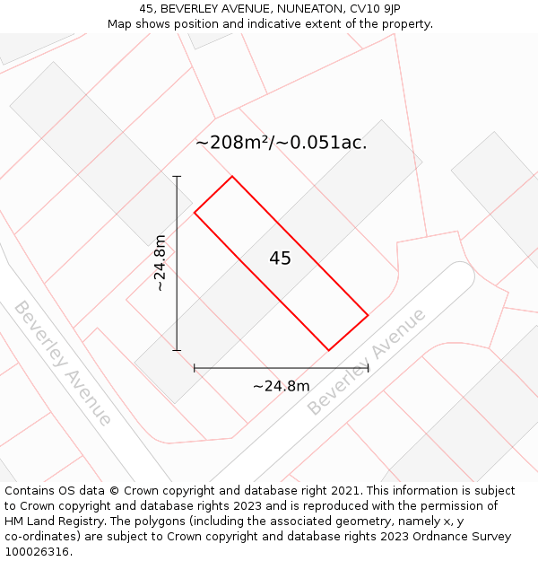 45, BEVERLEY AVENUE, NUNEATON, CV10 9JP: Plot and title map