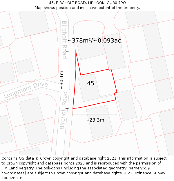 45, BIRCHOLT ROAD, LIPHOOK, GU30 7PQ: Plot and title map