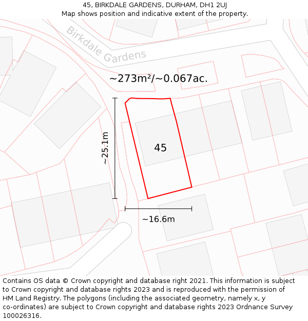 45, BIRKDALE GARDENS, DURHAM, DH1 2UJ: Plot and title map