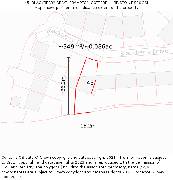 45, BLACKBERRY DRIVE, FRAMPTON COTTERELL, BRISTOL, BS36 2SL: Plot and title map