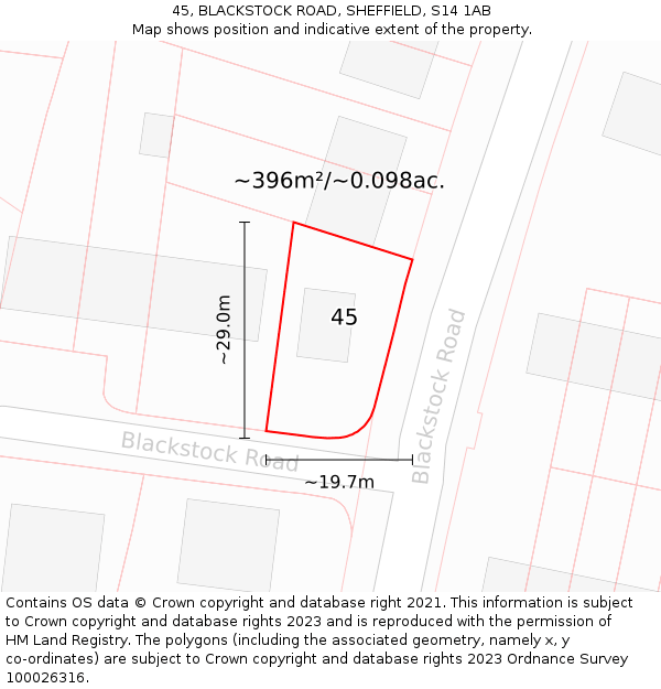 45, BLACKSTOCK ROAD, SHEFFIELD, S14 1AB: Plot and title map