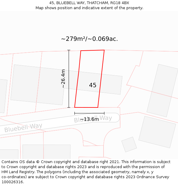 45, BLUEBELL WAY, THATCHAM, RG18 4BX: Plot and title map