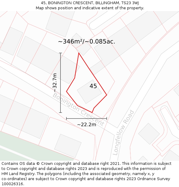 45, BONINGTON CRESCENT, BILLINGHAM, TS23 3WJ: Plot and title map