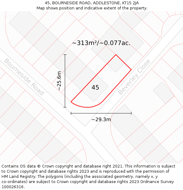 45, BOURNESIDE ROAD, ADDLESTONE, KT15 2JA: Plot and title map