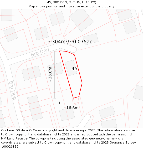 45, BRO DEG, RUTHIN, LL15 1YQ: Plot and title map