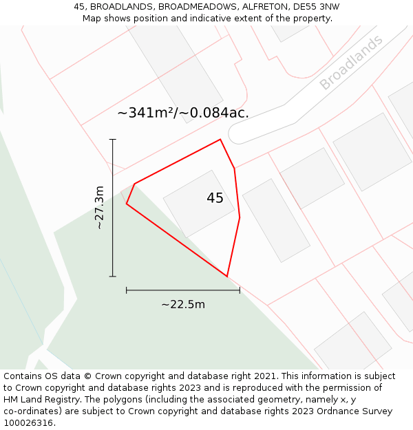 45, BROADLANDS, BROADMEADOWS, ALFRETON, DE55 3NW: Plot and title map