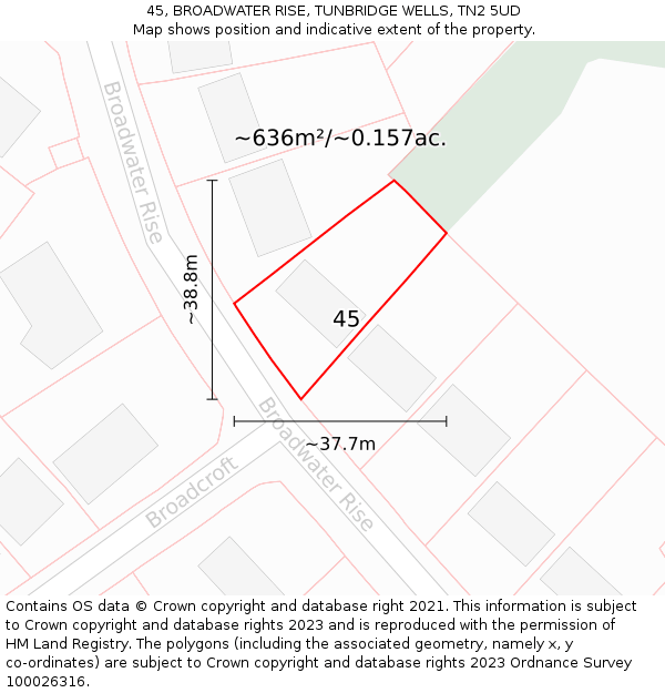 45, BROADWATER RISE, TUNBRIDGE WELLS, TN2 5UD: Plot and title map