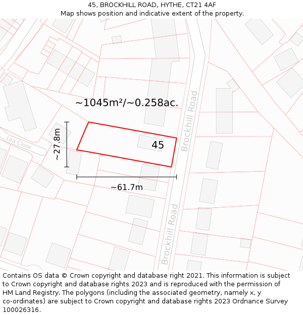 45, BROCKHILL ROAD, HYTHE, CT21 4AF: Plot and title map