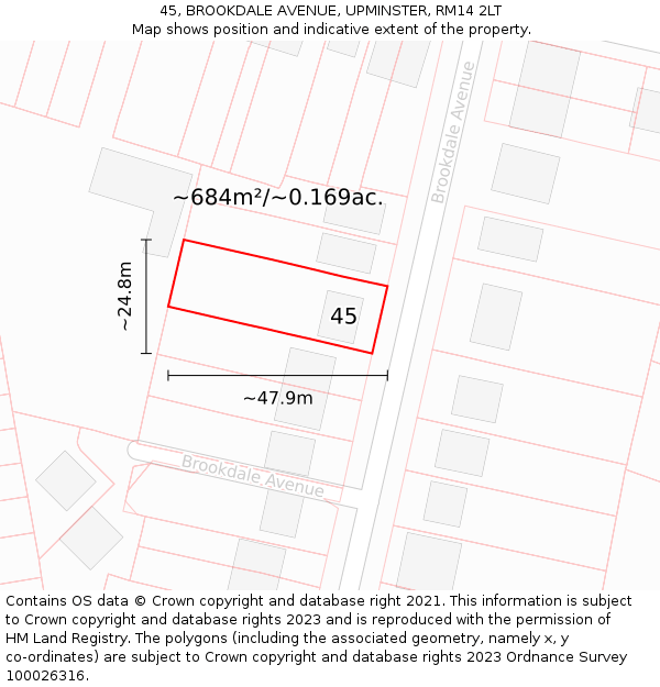 45, BROOKDALE AVENUE, UPMINSTER, RM14 2LT: Plot and title map