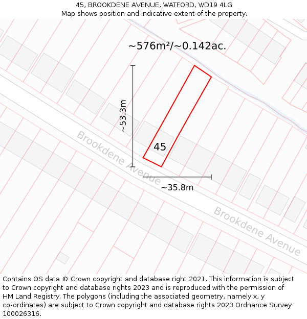 45, BROOKDENE AVENUE, WATFORD, WD19 4LG: Plot and title map