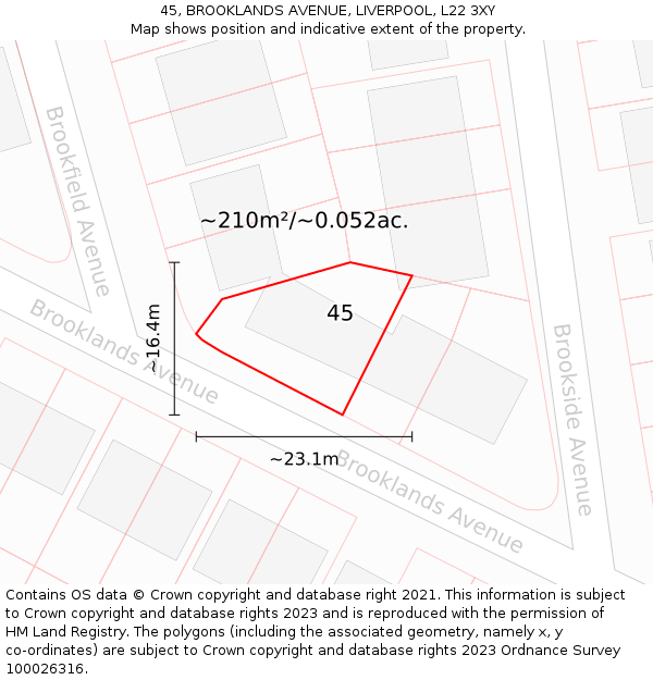 45, BROOKLANDS AVENUE, LIVERPOOL, L22 3XY: Plot and title map