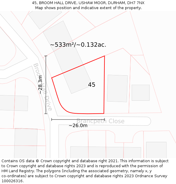 45, BROOM HALL DRIVE, USHAW MOOR, DURHAM, DH7 7NX: Plot and title map