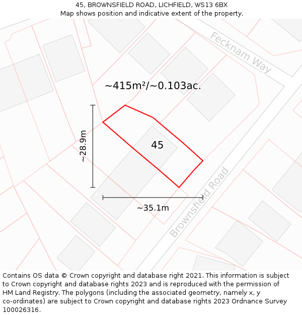 45, BROWNSFIELD ROAD, LICHFIELD, WS13 6BX: Plot and title map