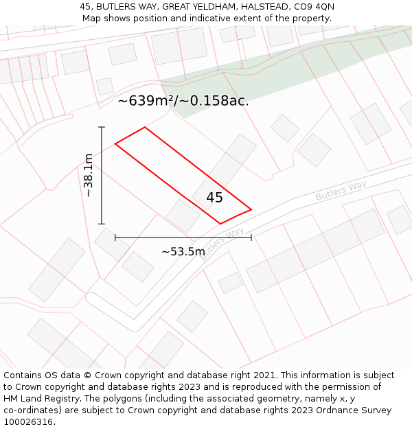 45, BUTLERS WAY, GREAT YELDHAM, HALSTEAD, CO9 4QN: Plot and title map