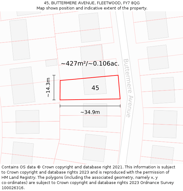 45, BUTTERMERE AVENUE, FLEETWOOD, FY7 8QG: Plot and title map