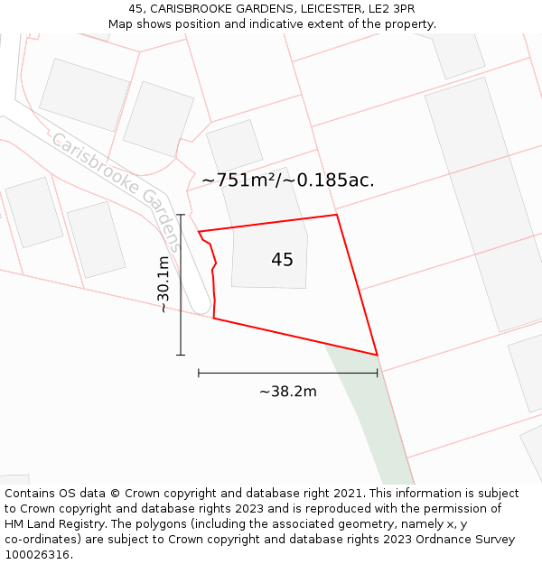 45, CARISBROOKE GARDENS, LEICESTER, LE2 3PR: Plot and title map