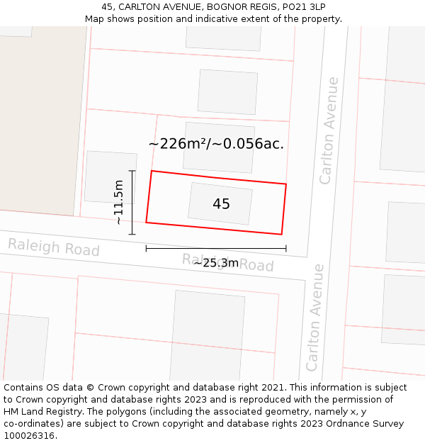 45, CARLTON AVENUE, BOGNOR REGIS, PO21 3LP: Plot and title map