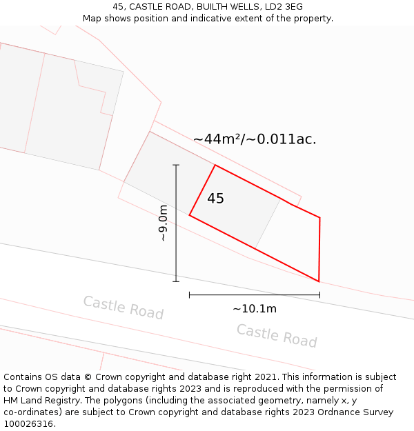 45, CASTLE ROAD, BUILTH WELLS, LD2 3EG: Plot and title map