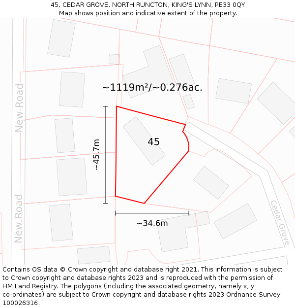 45, CEDAR GROVE, NORTH RUNCTON, KING'S LYNN, PE33 0QY: Plot and title map