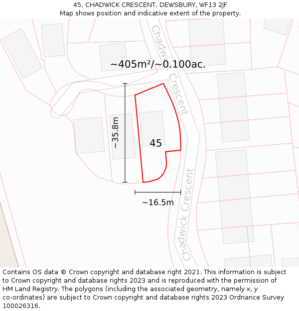 45, CHADWICK CRESCENT, DEWSBURY, WF13 2JF: Plot and title map