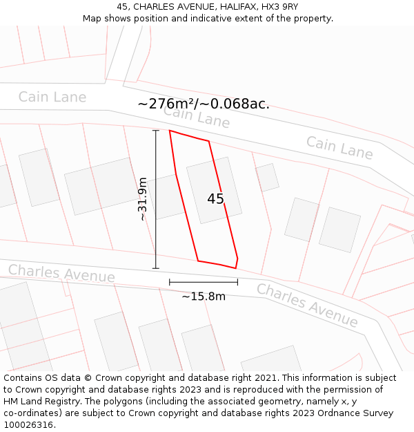 45, CHARLES AVENUE, HALIFAX, HX3 9RY: Plot and title map