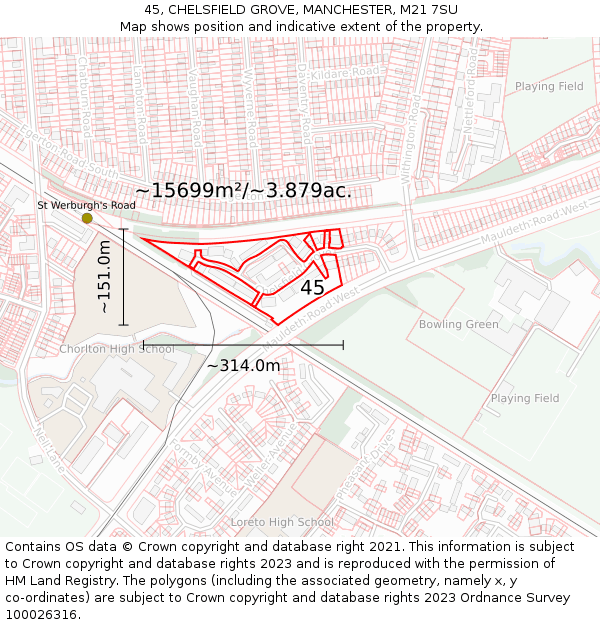 45, CHELSFIELD GROVE, MANCHESTER, M21 7SU: Plot and title map