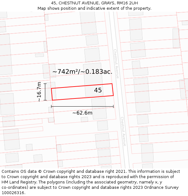 45, CHESTNUT AVENUE, GRAYS, RM16 2UH: Plot and title map
