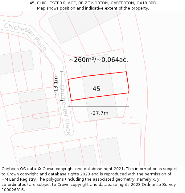 45, CHICHESTER PLACE, BRIZE NORTON, CARTERTON, OX18 3PD: Plot and title map