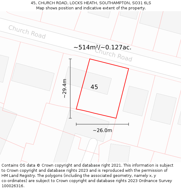 45, CHURCH ROAD, LOCKS HEATH, SOUTHAMPTON, SO31 6LS: Plot and title map