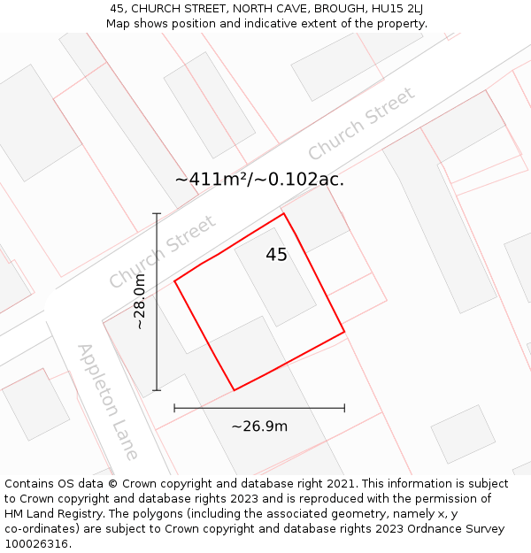 45, CHURCH STREET, NORTH CAVE, BROUGH, HU15 2LJ: Plot and title map