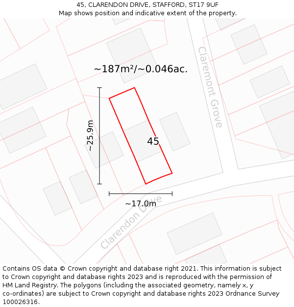 45, CLARENDON DRIVE, STAFFORD, ST17 9UF: Plot and title map