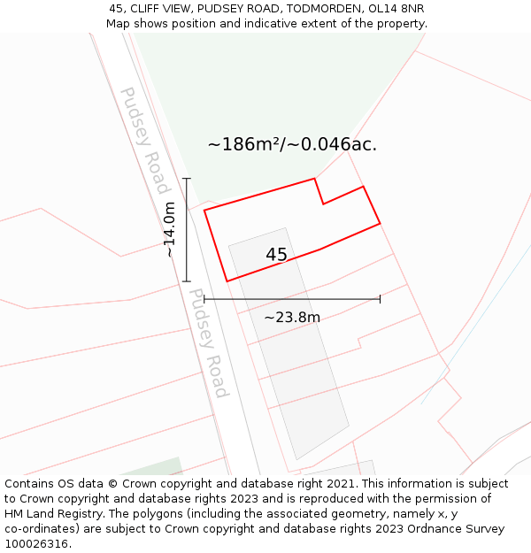 45, CLIFF VIEW, PUDSEY ROAD, TODMORDEN, OL14 8NR: Plot and title map