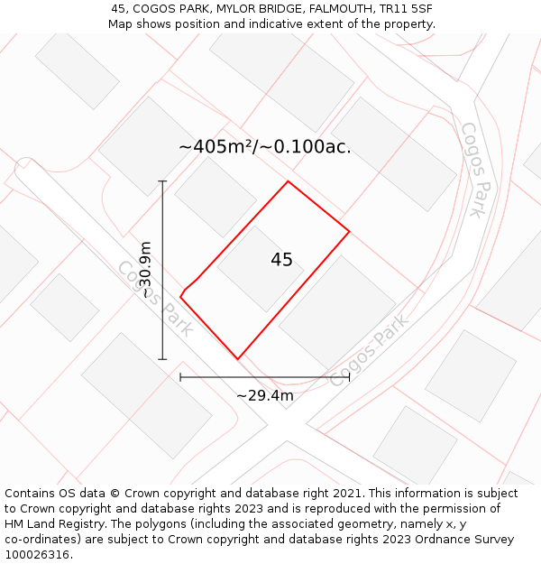 45, COGOS PARK, MYLOR BRIDGE, FALMOUTH, TR11 5SF: Plot and title map