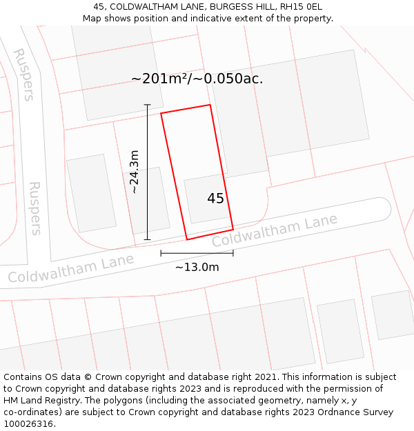 45, COLDWALTHAM LANE, BURGESS HILL, RH15 0EL: Plot and title map