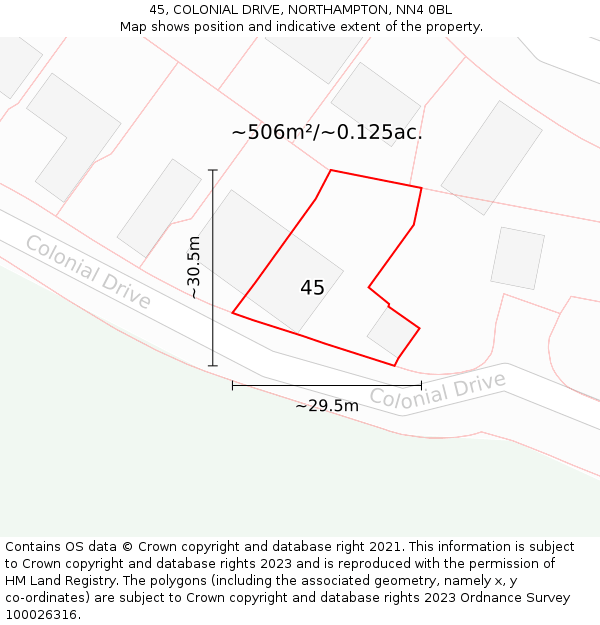 45, COLONIAL DRIVE, NORTHAMPTON, NN4 0BL: Plot and title map