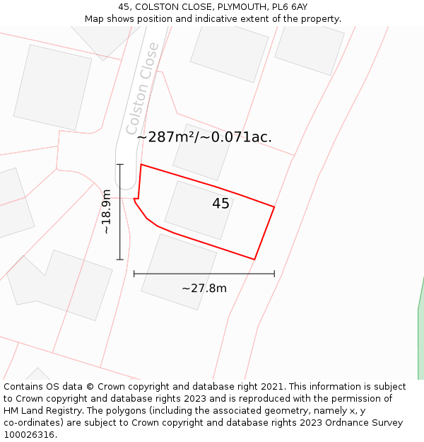 45, COLSTON CLOSE, PLYMOUTH, PL6 6AY: Plot and title map